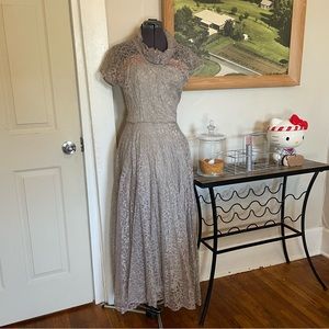 Nona Original Vintage 1950s Lilac Lace Velvet Cowl Neck Short Sleeve Formal Maxi